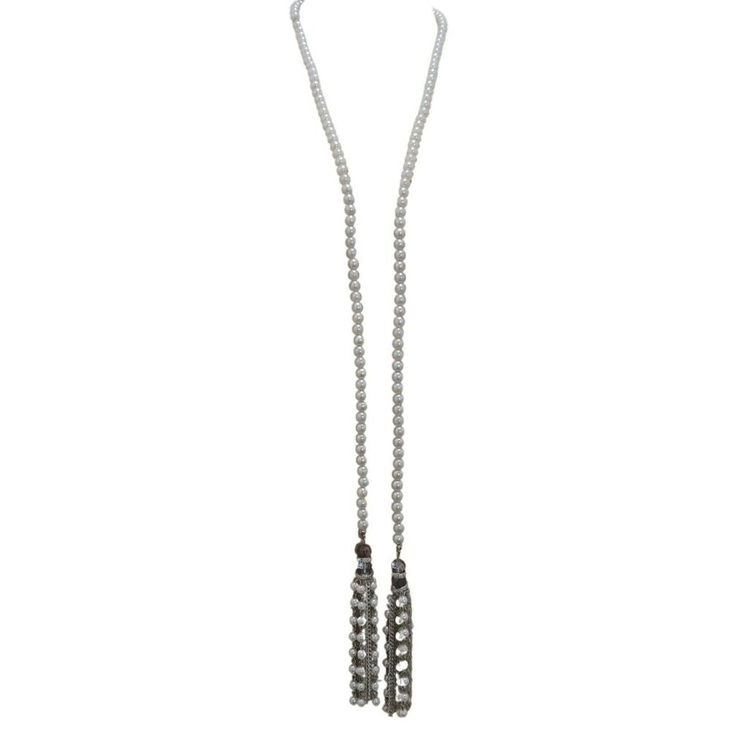 Vintage Cream Chain Link Faux Pearl Silver Tone Long Lariat Tassel Necklace