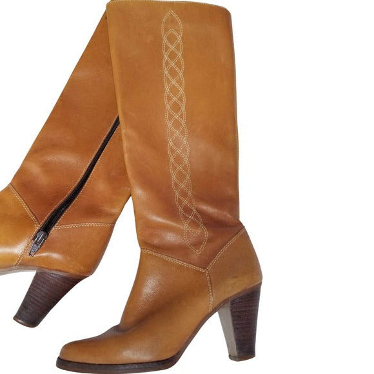 Vintage Boho Style Tall Brown Leather Knee High Heel Cowgirl Boots Size 6.5