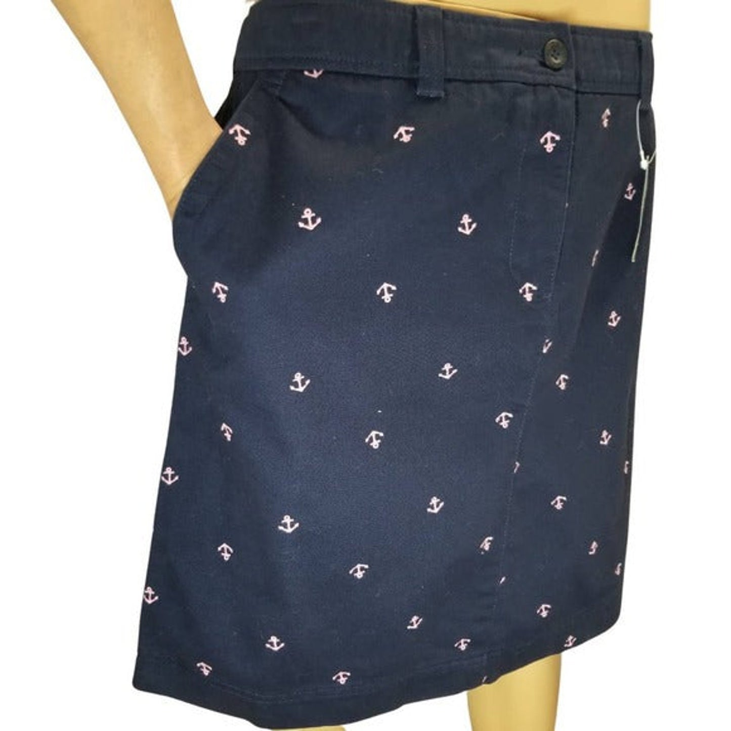 Embroidered Pink Anchors Blue Pencil Skirt L.L. Bean Nautical Size Petite 16