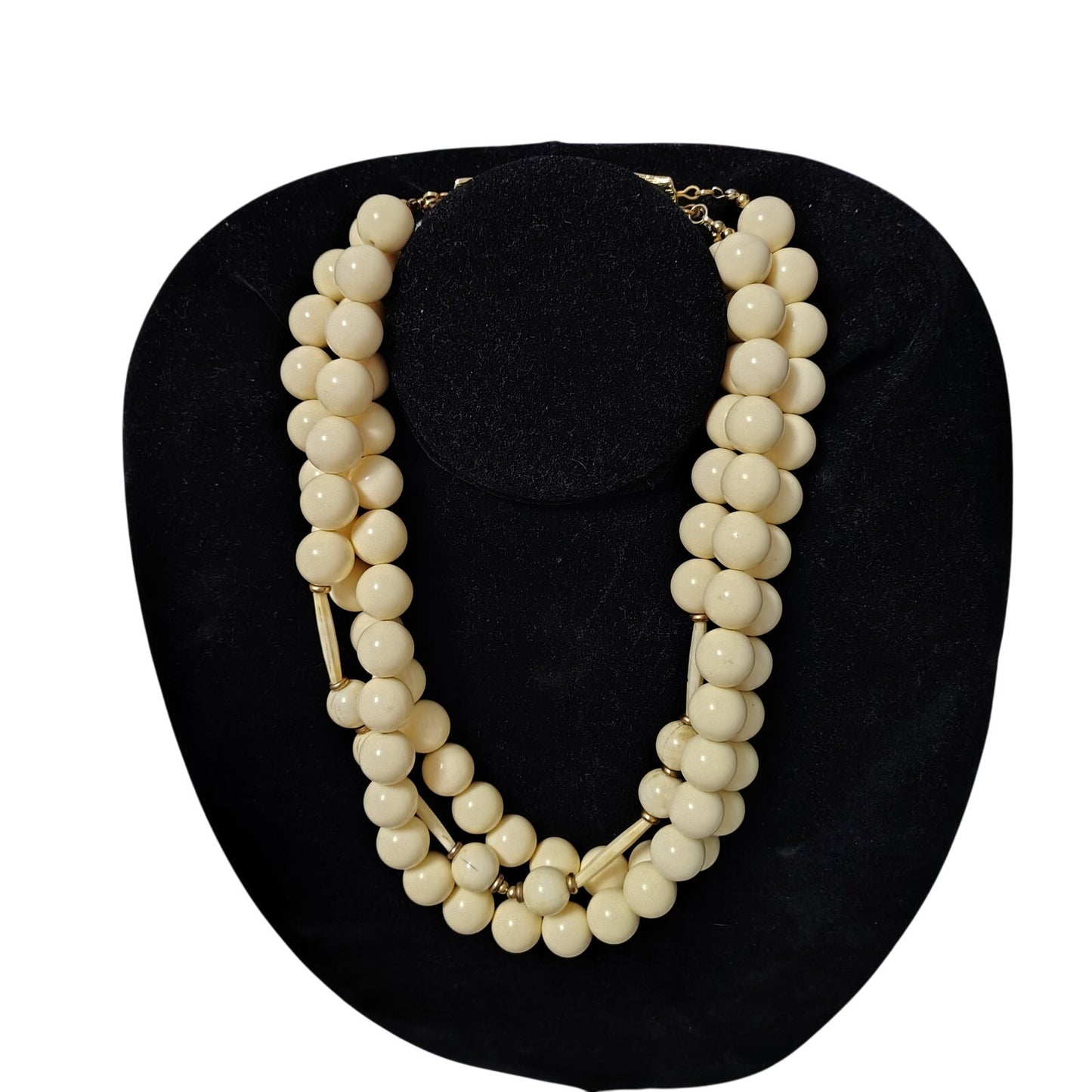 Vintage Statement 3 Strand Necklace Huge Lucite Cream Bead Large Gold Hook Clasp