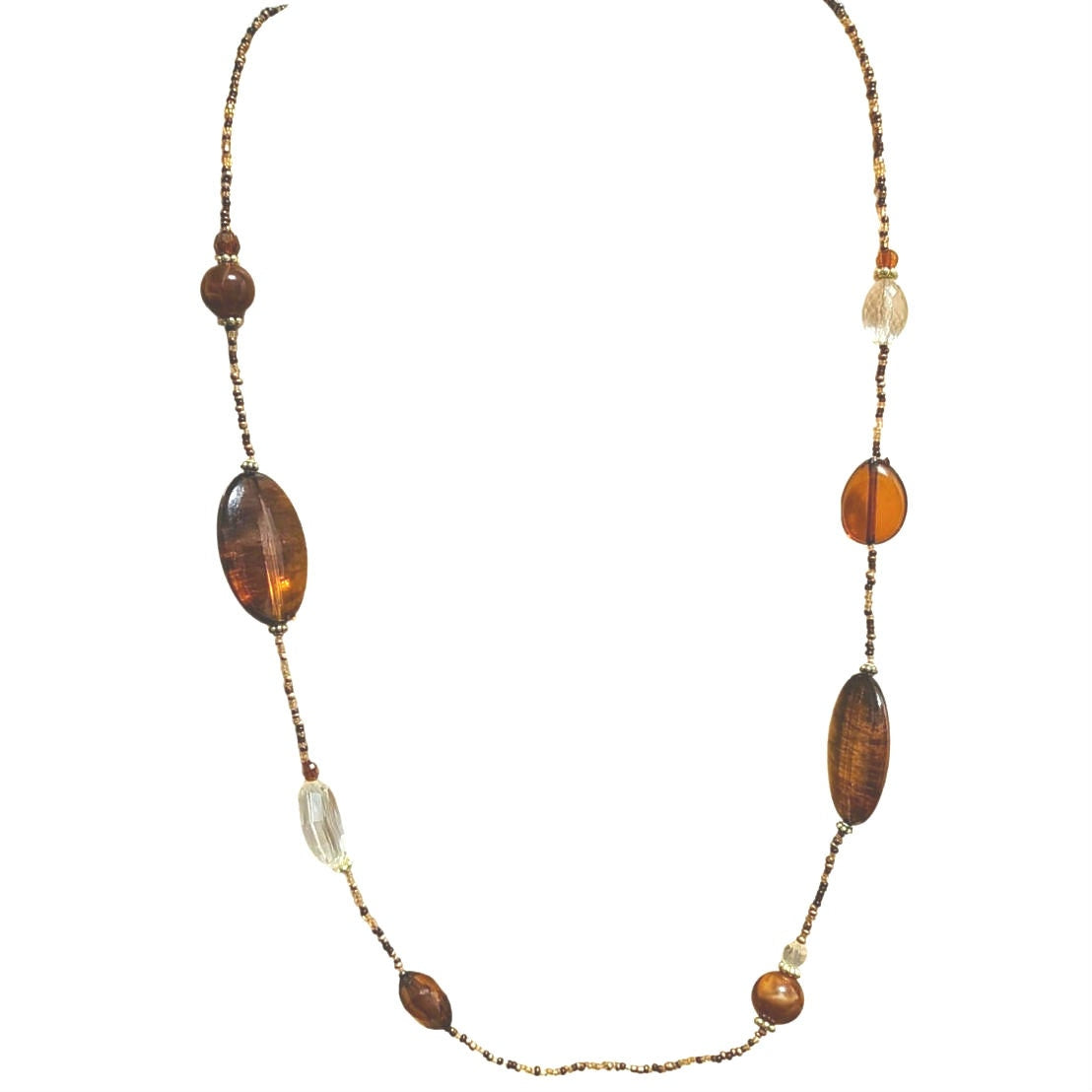 Brown Faux Amber Beads Opera Length Single Strand Pullover Statement Necklace