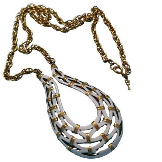 1960s Vintage Crown Trifari Gold White Enamel Woven Pendant Statement Necklace