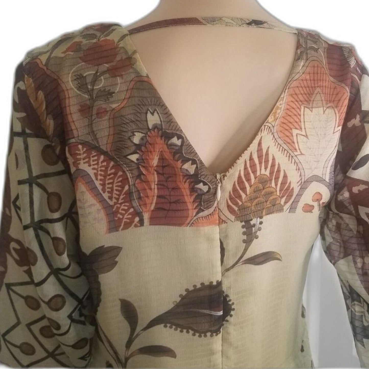 Desigual by Christian Lacroix Brown Pleated Floral Midi Long Sleeve Dress Size 8