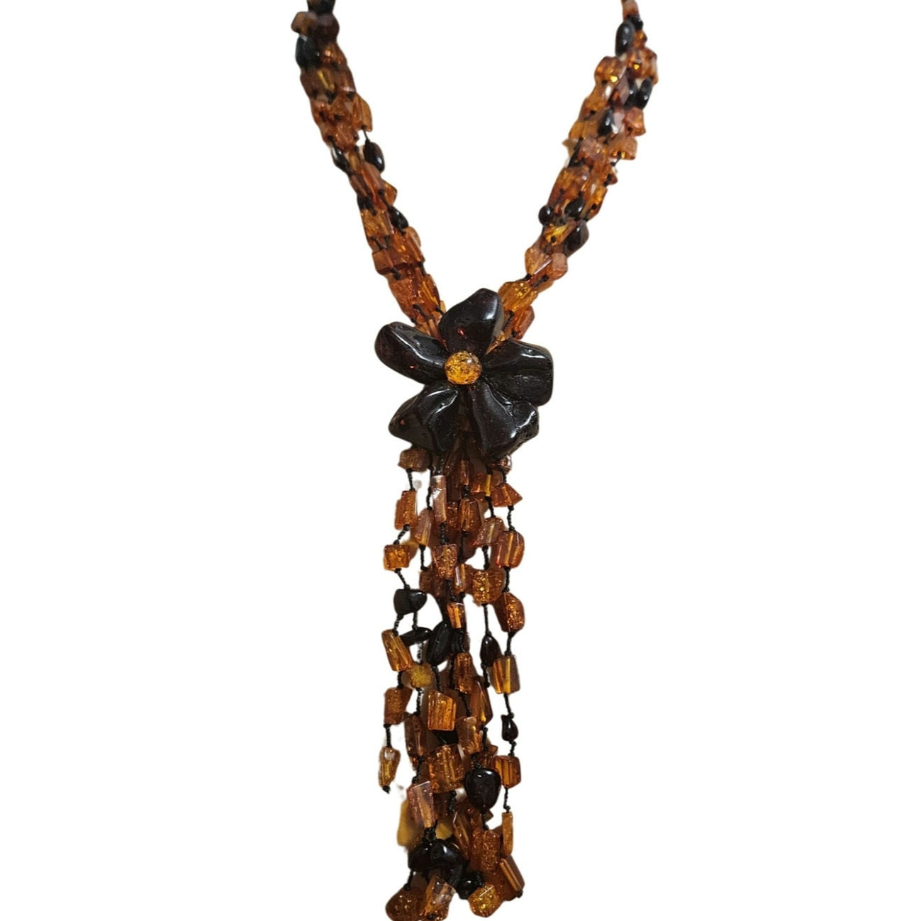 Baltic Amber Flower Statement Necklace Huge Bead Four Strand Tassel Cognac Brown