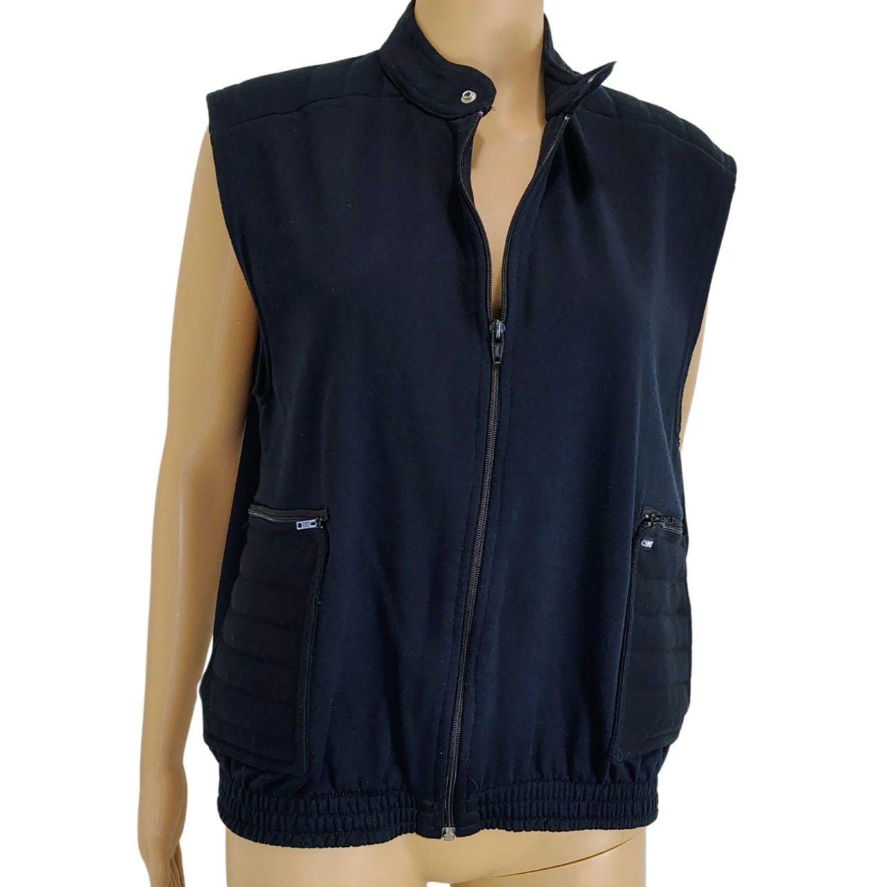 90s Chams Vest Black Zip Up Short Collar Street Wear Pockets Elastic Waist SZ M