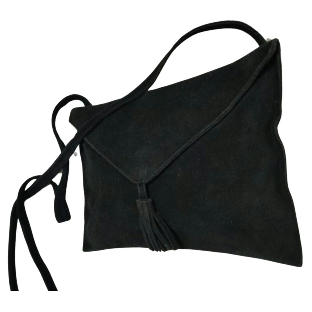 Black Suede Crossbody Envelope Handbag Tassel Magnetic Closure Fold Over Top