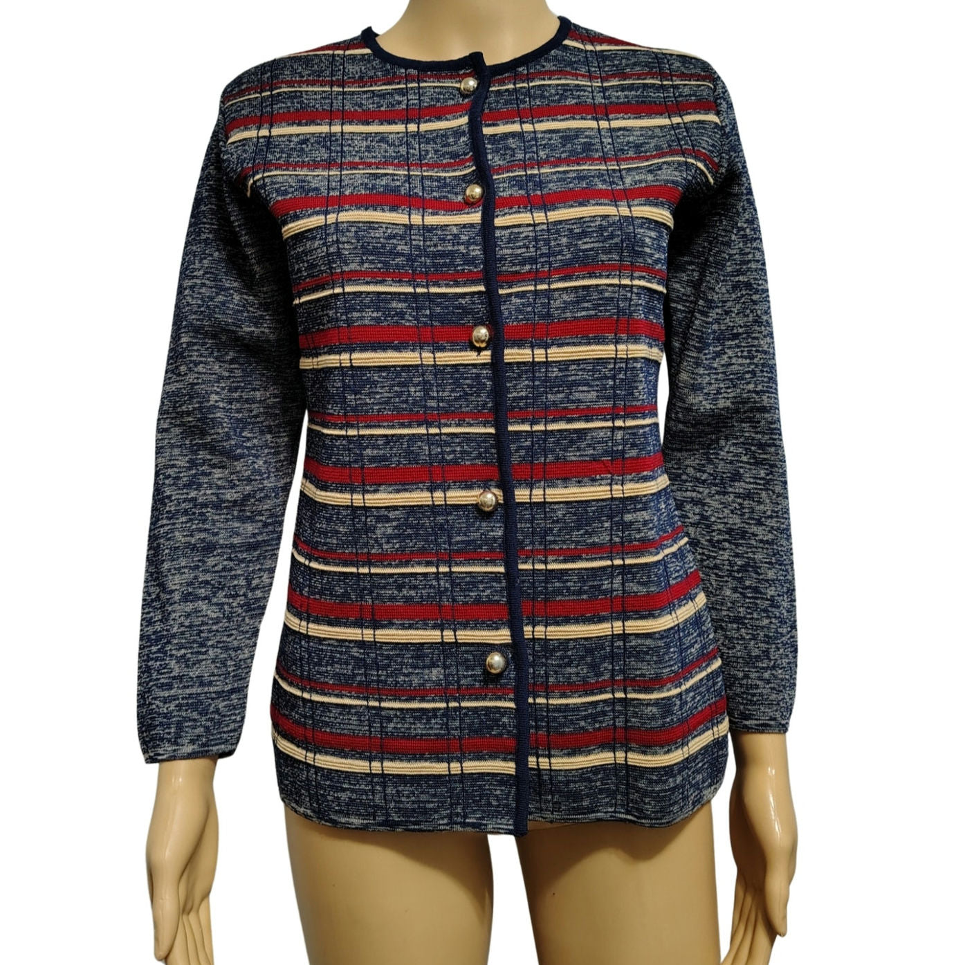 1960s Striped Blue Wool Button Up Cardigan Crewneck Long Sleeve Cardigan Size 12