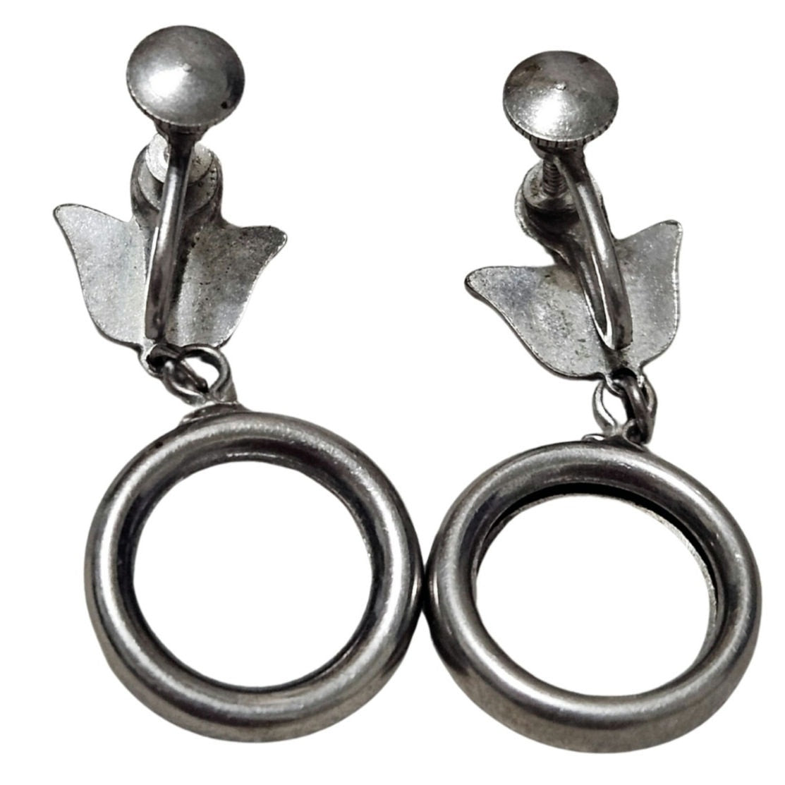 1950s Vintage Flower Dangling Loop Clip On Earrings Silver Tone Twist On Closure