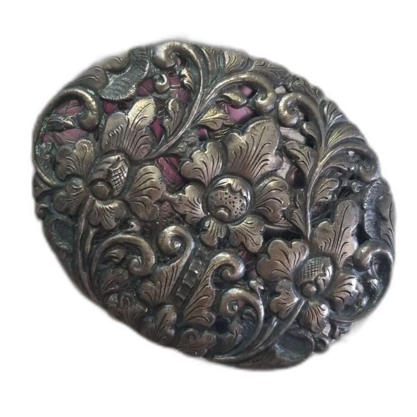 Victorian Era Gilded Signed 800 SJ Metal Floral Brooch Pin with Tube Hinge