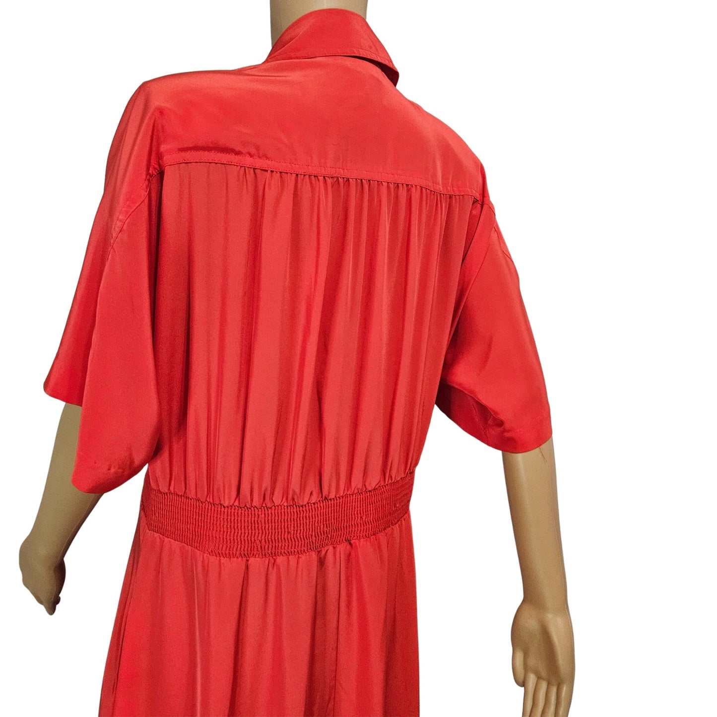 1990s Raoul Tomatoe Red Ruched Waist Short Sleeve Button Up Collar Dress Size 8