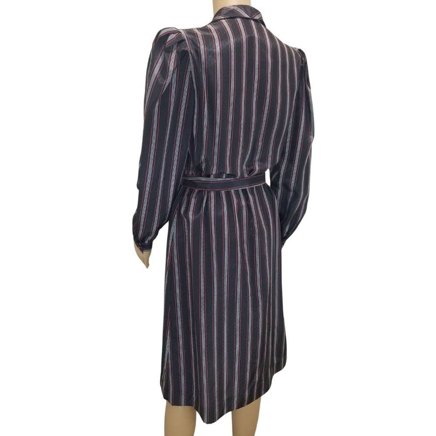 1980s Striped Metallic Long Sleeve Midi Dress Button Up Belted Vintage Size 7/8