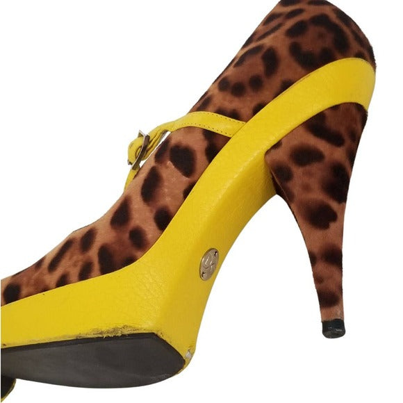 DOLCE & GABBANA Cheetah Platform Heels Yellow Trim Stilettos Size 8.5