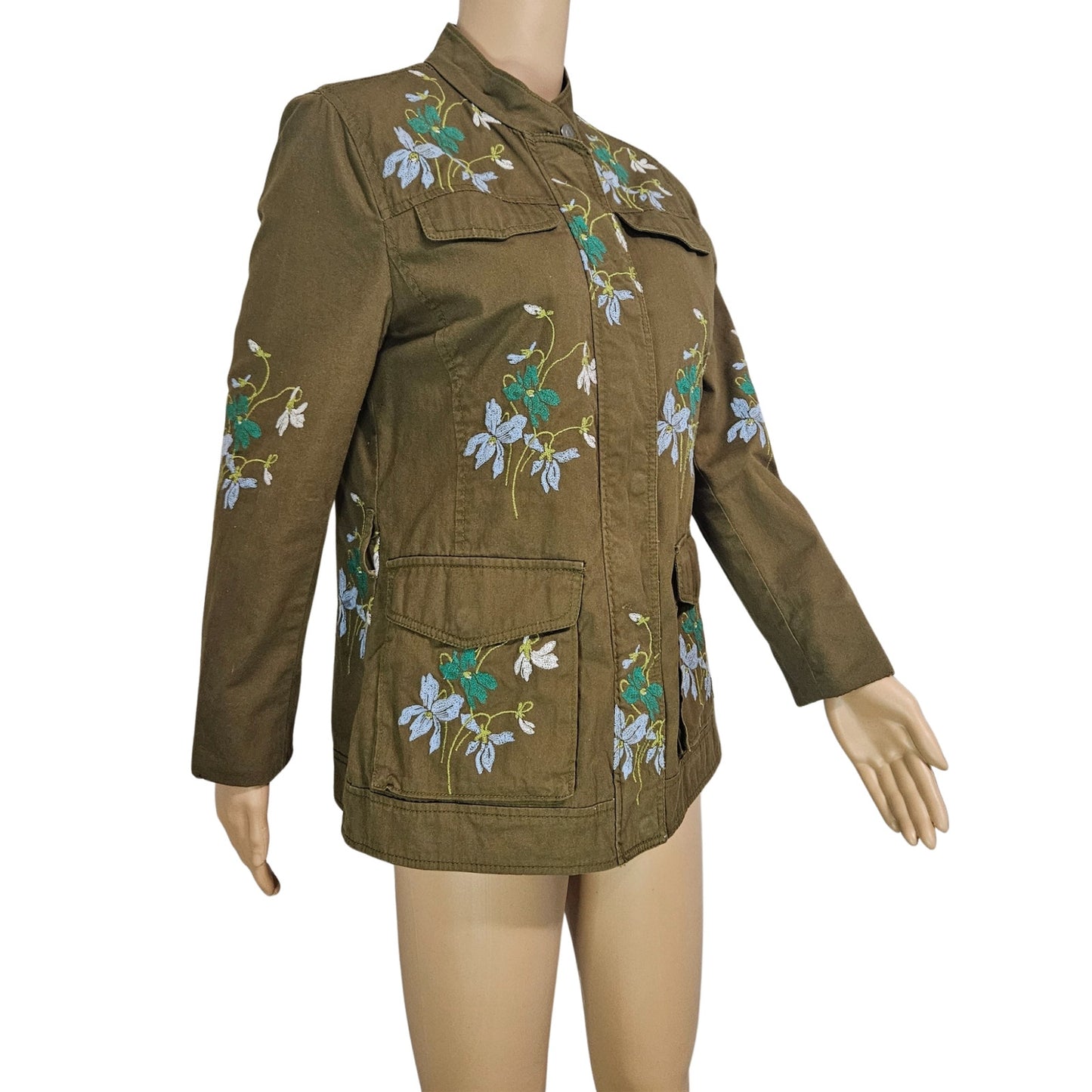 Olive Embroidered Floral Belted Zip Up Utility Standing Collar Jacket Size Medium