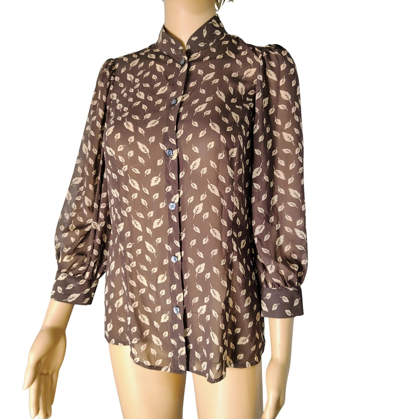 Banana Republic Brown Leaf Print Top Button Up Shirt 3/4 Sleeve Blouse Size Med