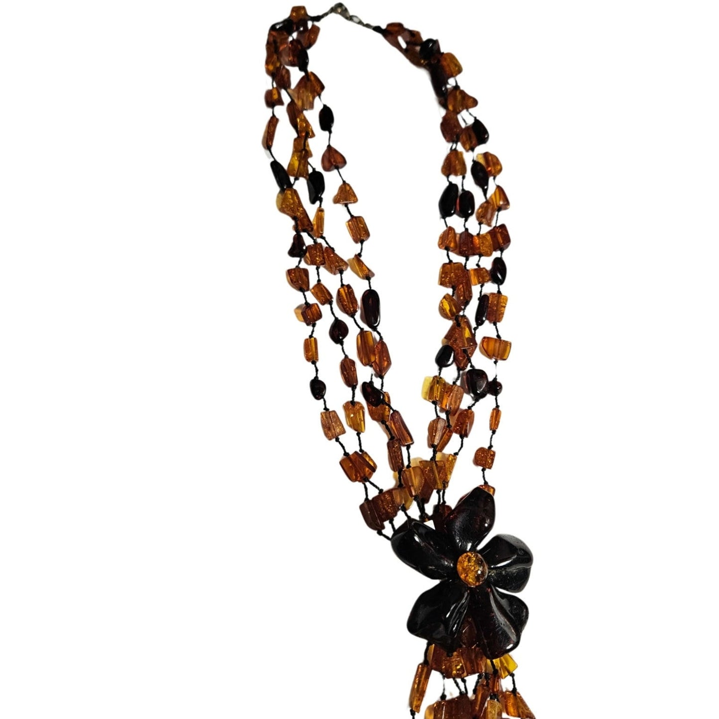 Baltic Amber Flower Statement Necklace Huge Bead Four Strand Tassel Cognac Brown