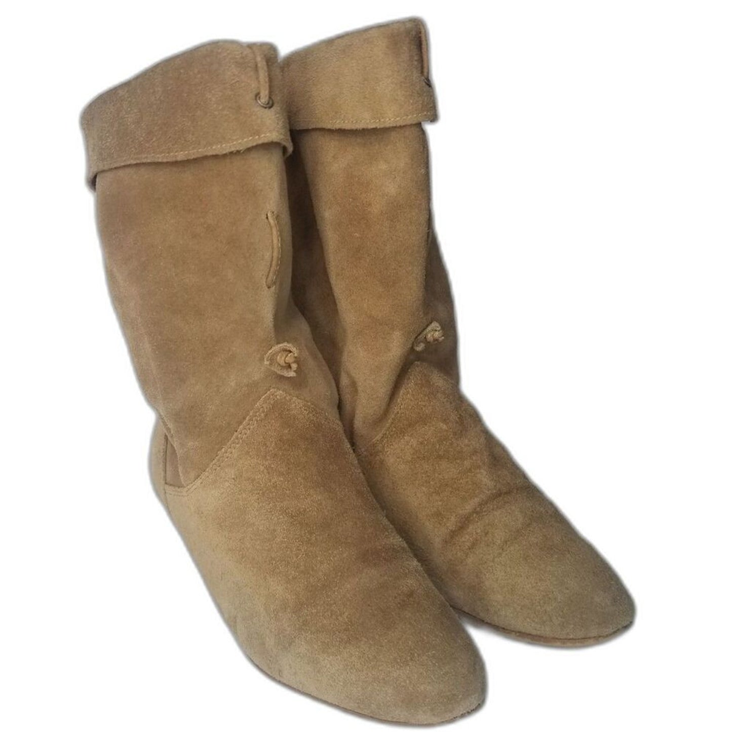 1980s Vintage Brown Suede Folded Slide On Slouch Wide Leg Almond Toe Boots 7M