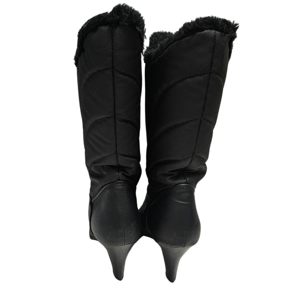1980s Black Waterproof Rainboots 3 Inch Pump Heel Narrow Faux Fur Lining Size 7