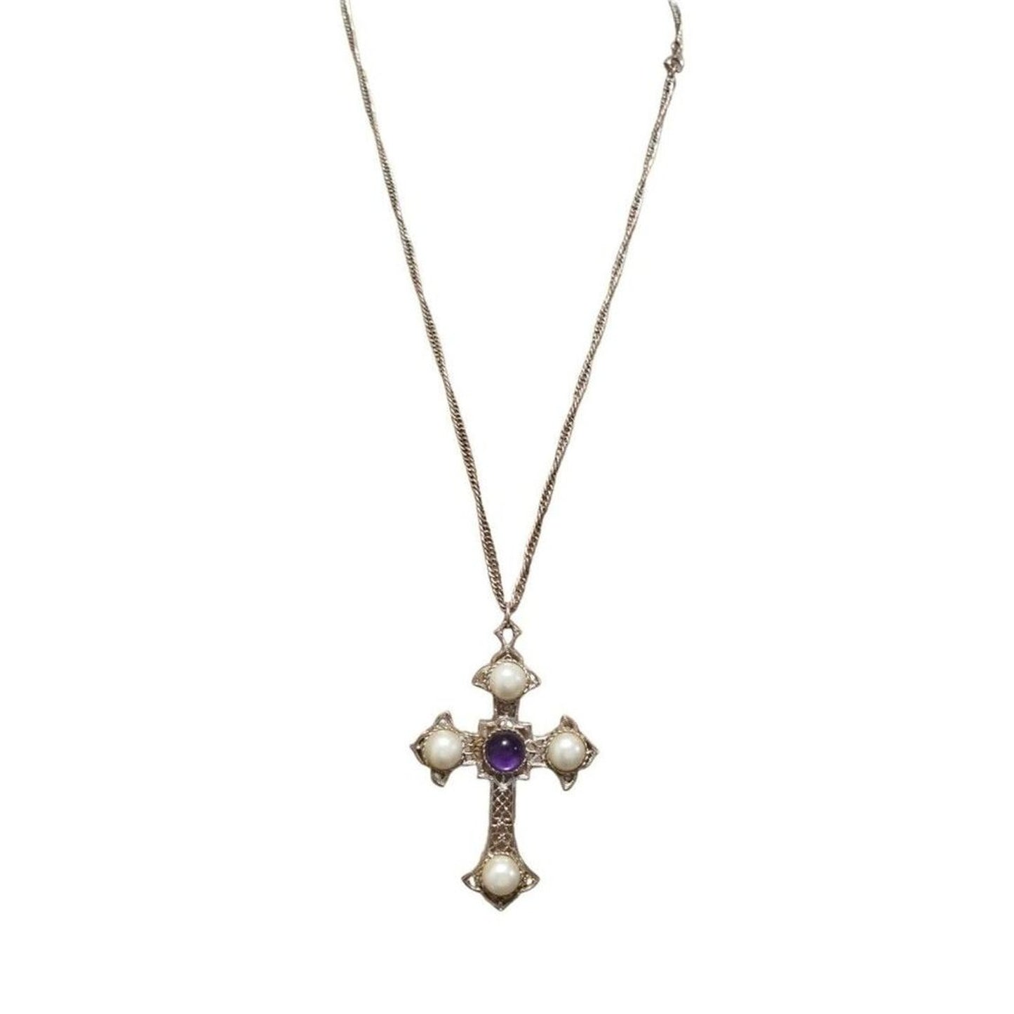 70s Vintage Sarah Coventry Silver Cross Pendant Necklace Amethyst Faux Pearls