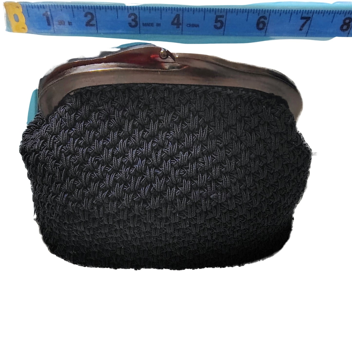 1960s Small Crocheted Navy Blue Handbag ADG Lucite Kiss Closure Top Frame Lined