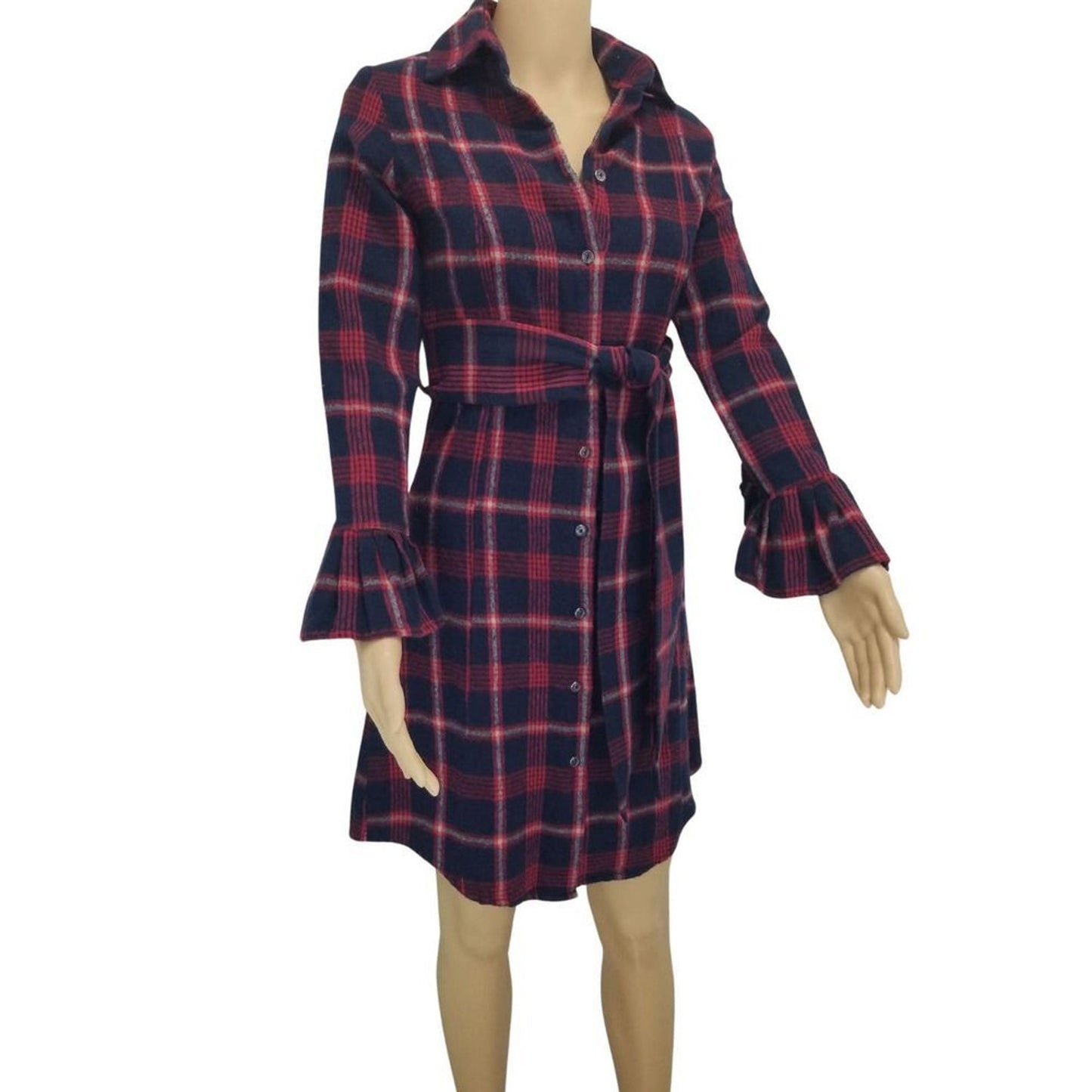 VINTAGE Our Fine Garments by Bell Red Plaid Flannel Button Up Shirt Dress SZ Sm