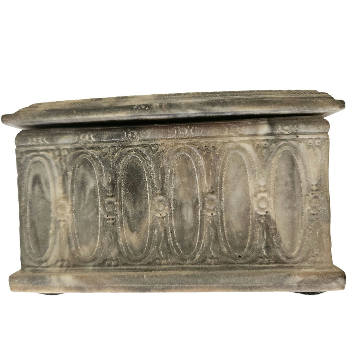 1975 Incolay Stone Handcrafted Carved Hinged Box Men In Pub Scene Trinket Box