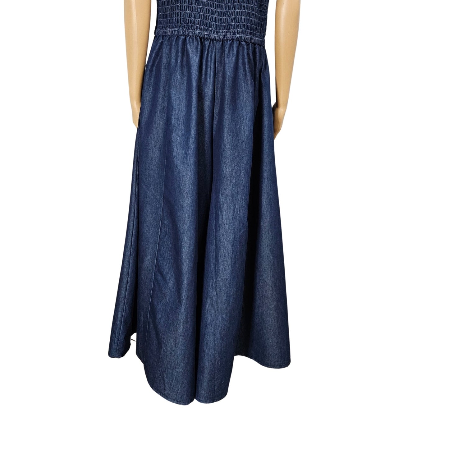 Jean Shirred Racerback Elephant Extra Wide Leg Blue Denim Romper V Neck Size XL