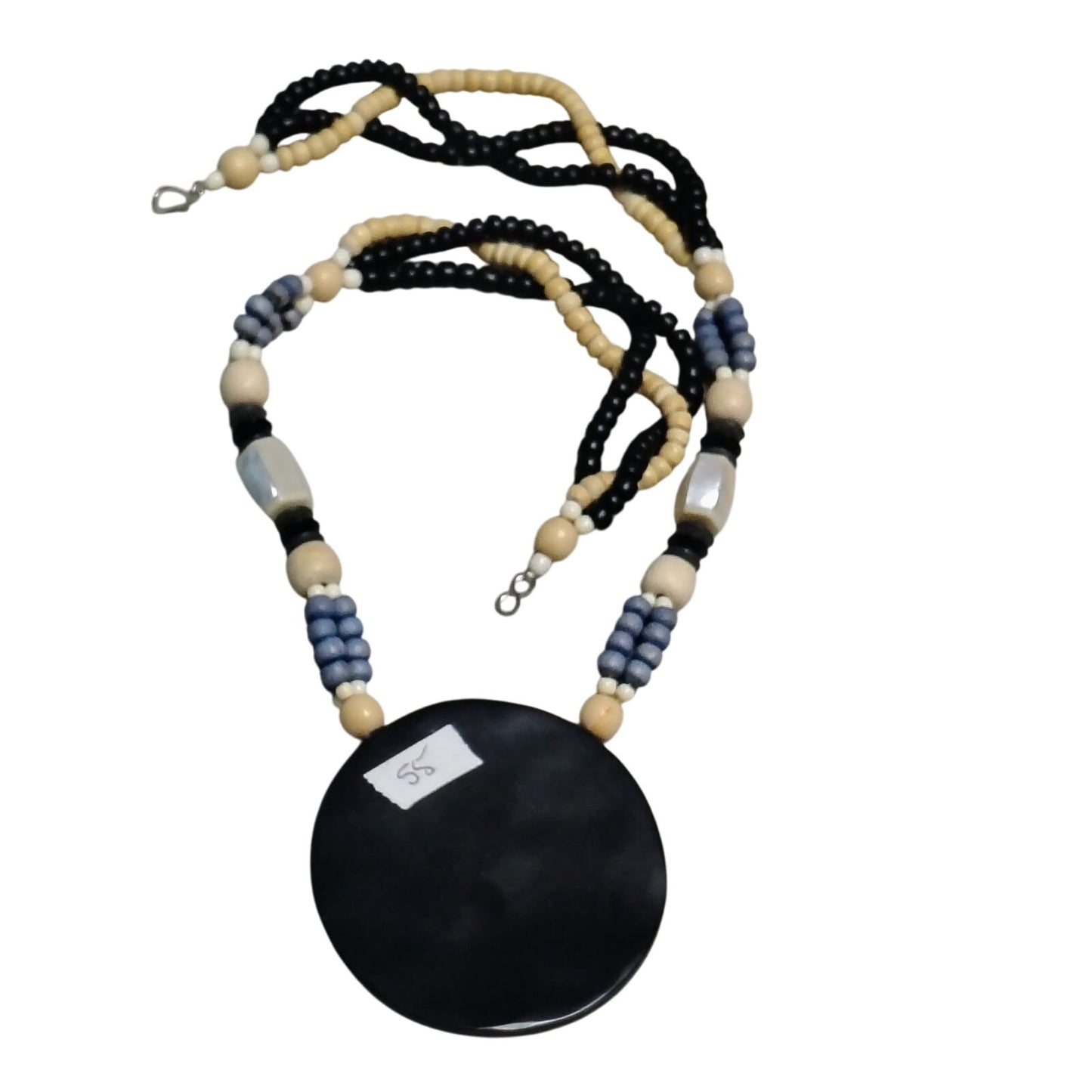 Vintage Blue Beige Mother of Pearl Pendant on Beaded Statement Necklace