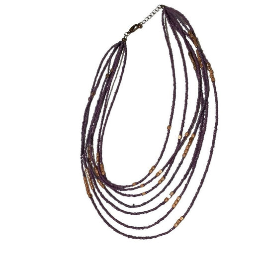 VINTAGE Seven Strand Layered Statement Necklace Purple + Square Copper Beads