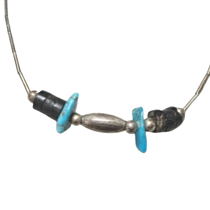 1970s Sterling Silver Liquid + Turquoise Stones Bohemian Hippy Necklace