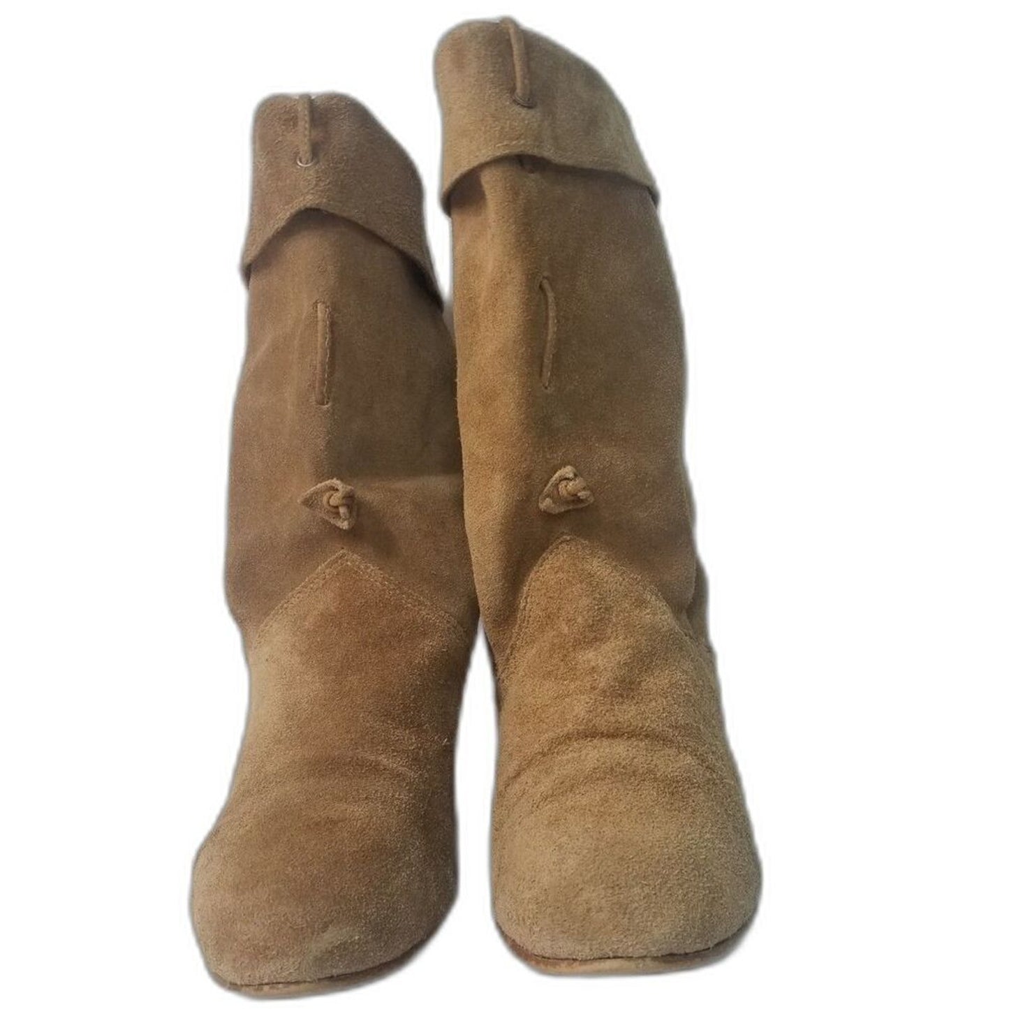 1980s Vintage Brown Suede Folded Slide On Slouch Wide Leg Almond Toe Boots 7M