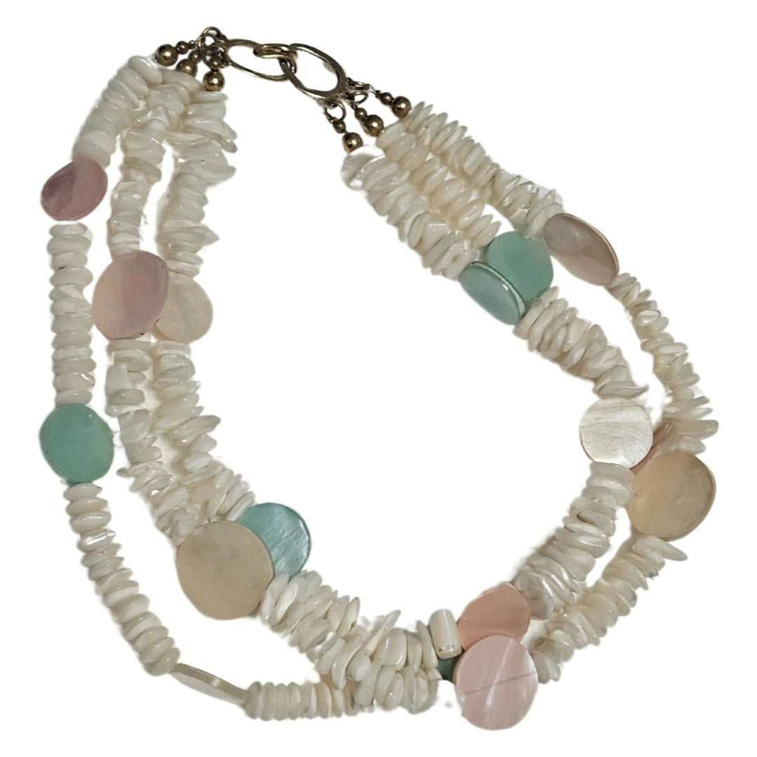 Vintage White Blue Pink Cream Triple Layered Puka Shell Mother of Pearl Necklace