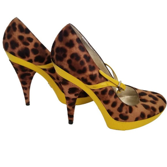 DOLCE & GABBANA Cheetah Platform Heels Yellow Trim Stilettos Size 8.5