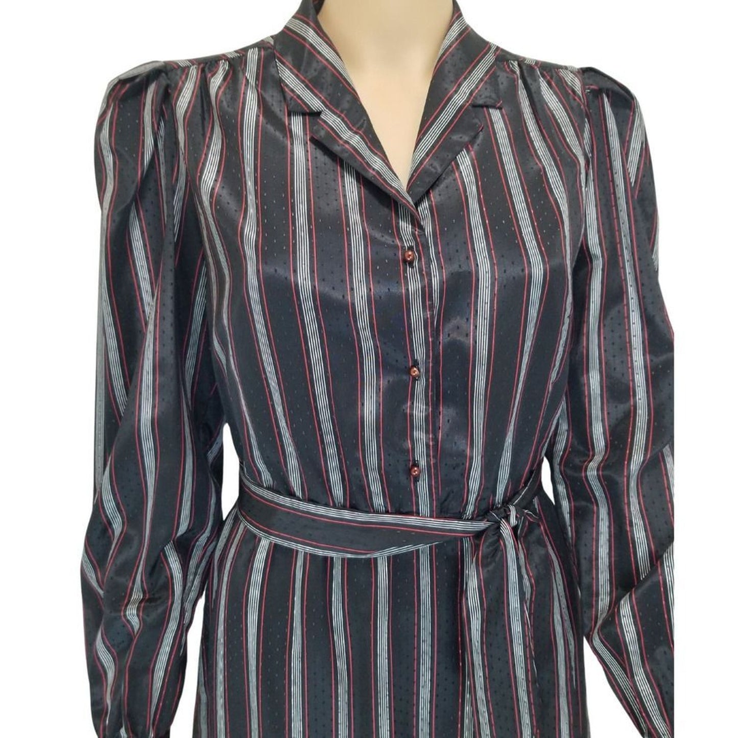 1980s Striped Metallic Long Sleeve Midi Dress Button Up Belted Vintage Size 7/8