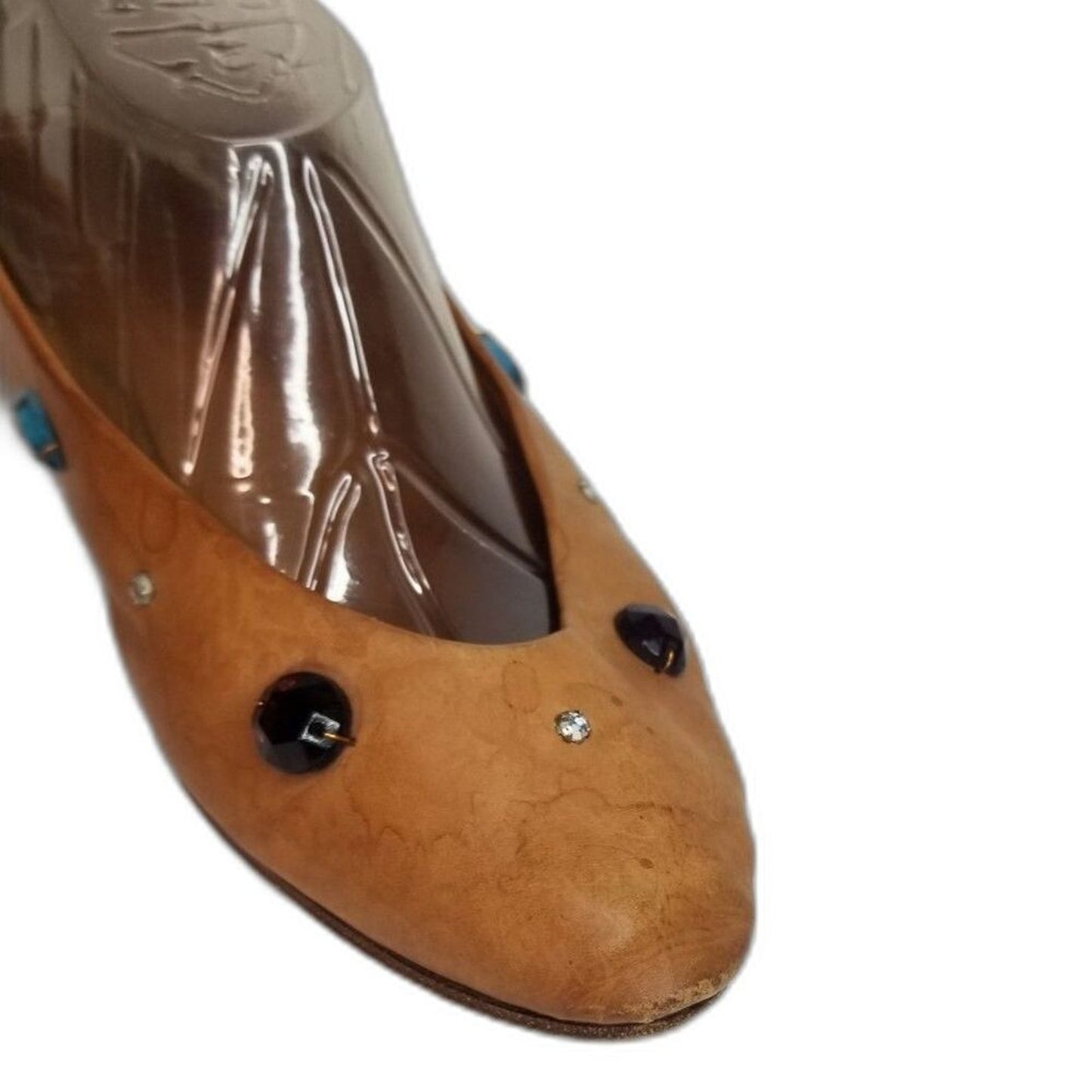 80s Vintage Joan & David Vegetable Tanned Leather Be-jeweled Tan Flats Size 7.5