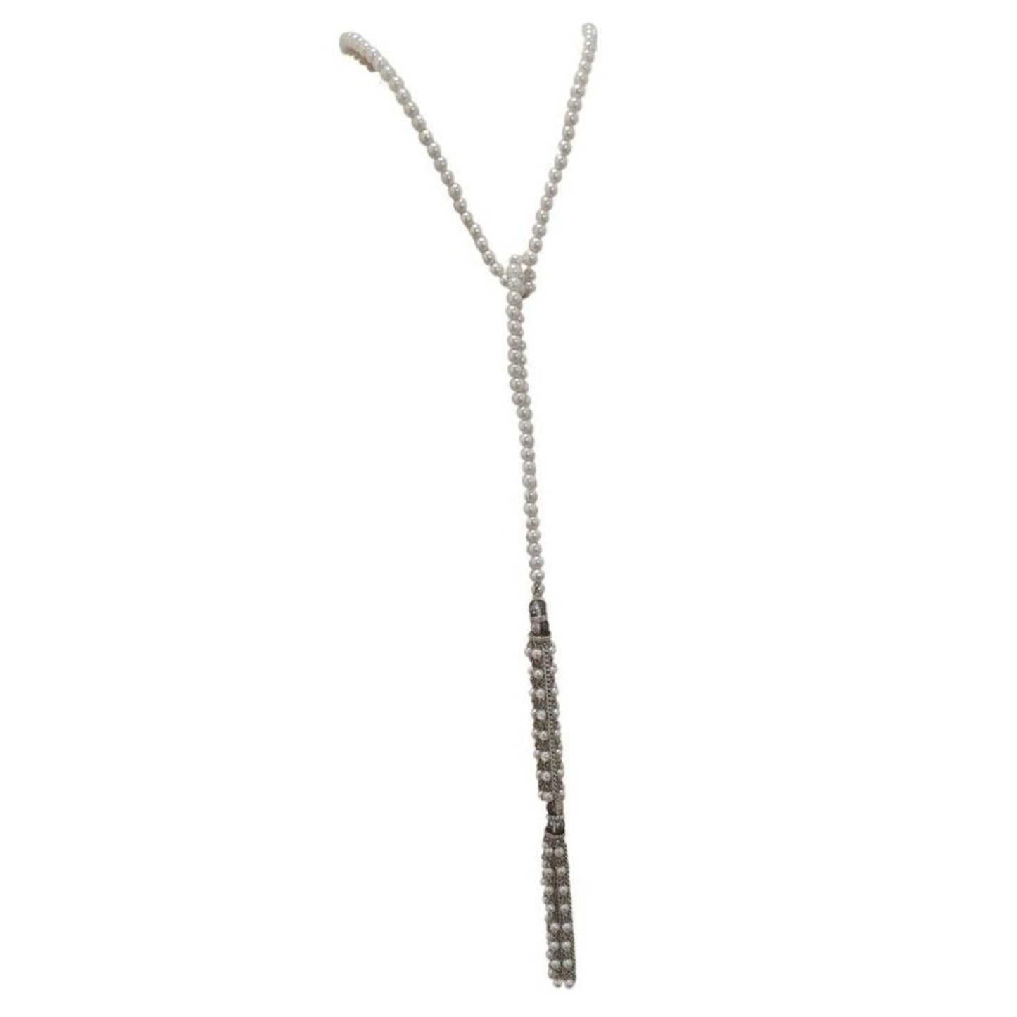Vintage Cream Chain Link Faux Pearl Silver Tone Long Lariat Tassel Necklace