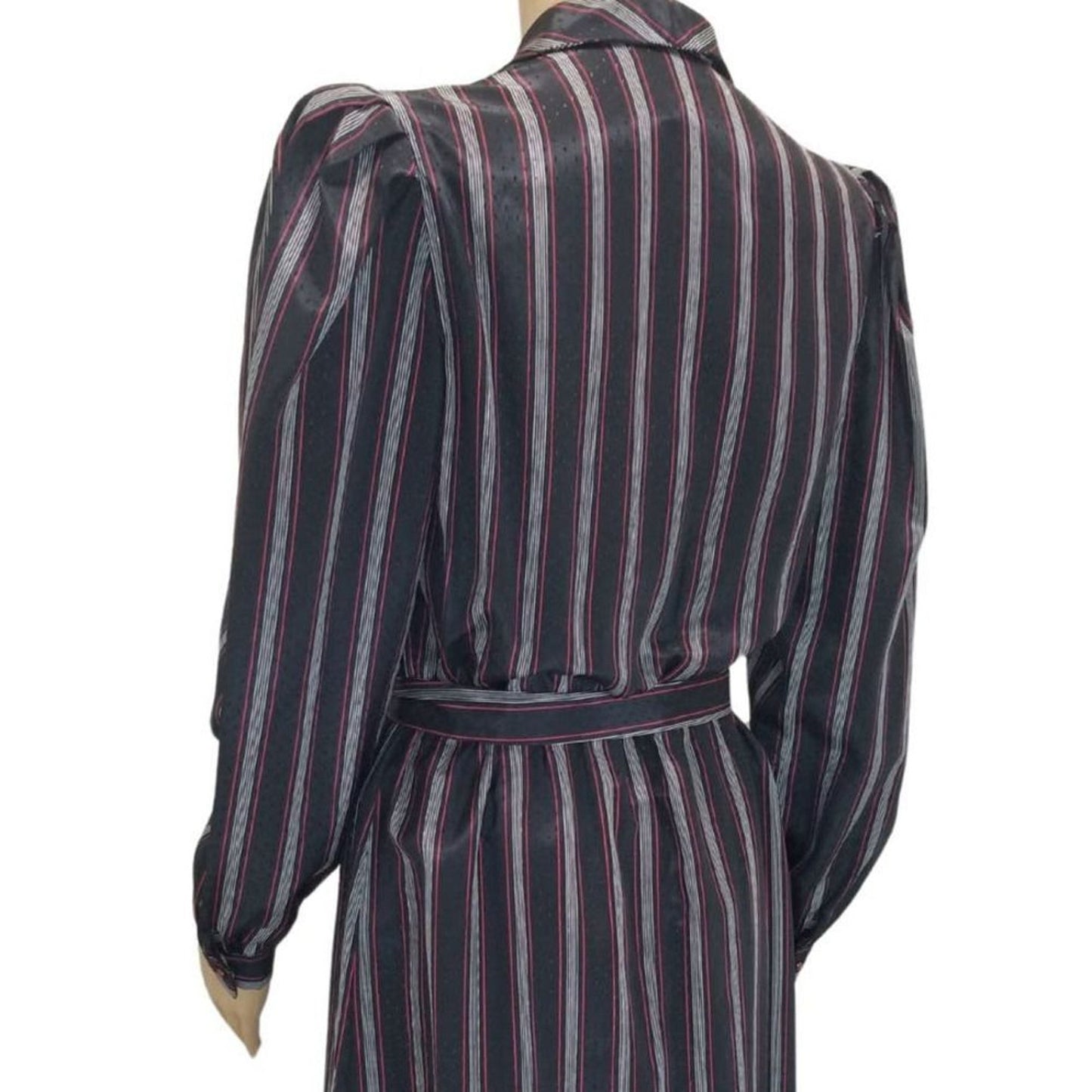 1980s Striped Metallic Long Sleeve Midi Dress Button Up Belted Vintage Size 7/8