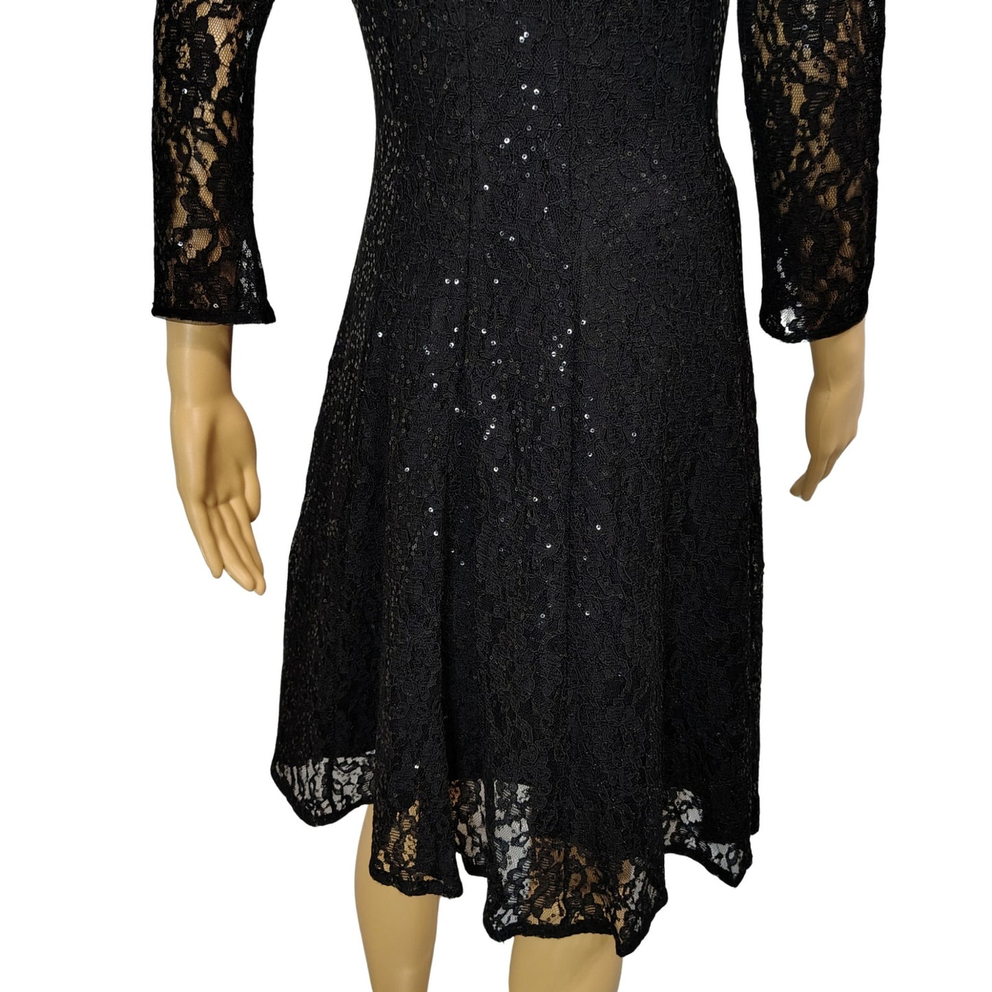 SLNY Black Sequined Illusion Lace Back Keyhole Fit Flare Knee Length Dress SZ 8