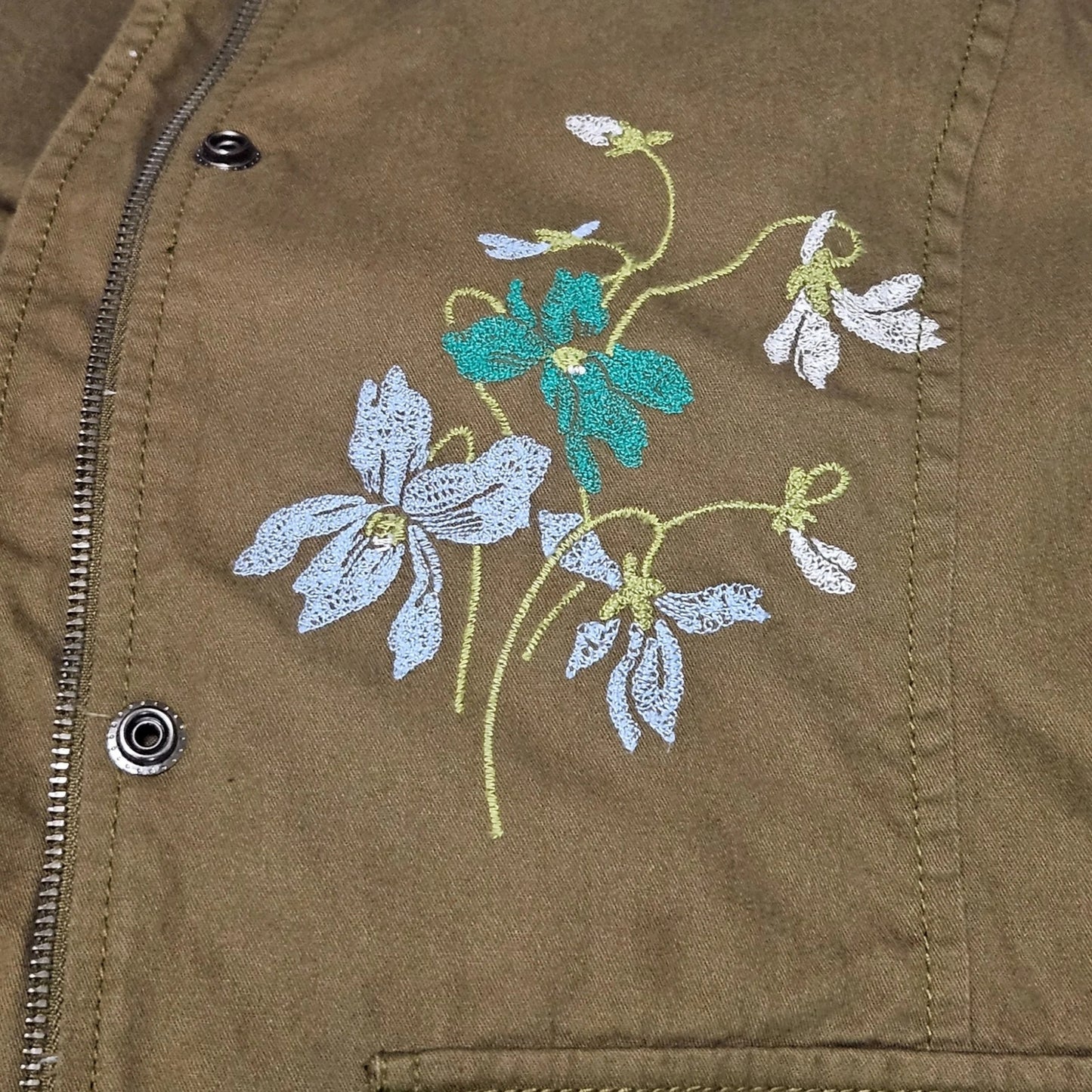 Olive Embroidered Floral Belted Zip Up Utility Standing Collar Jacket Size Medium