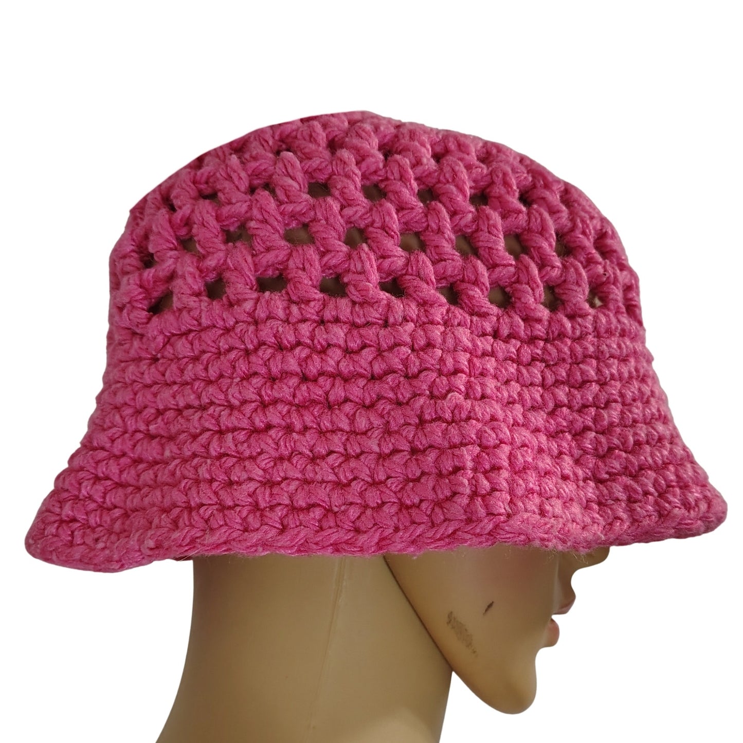 Vintage Pink Crochet Knit Bucket Hat Wide Brim Size Small