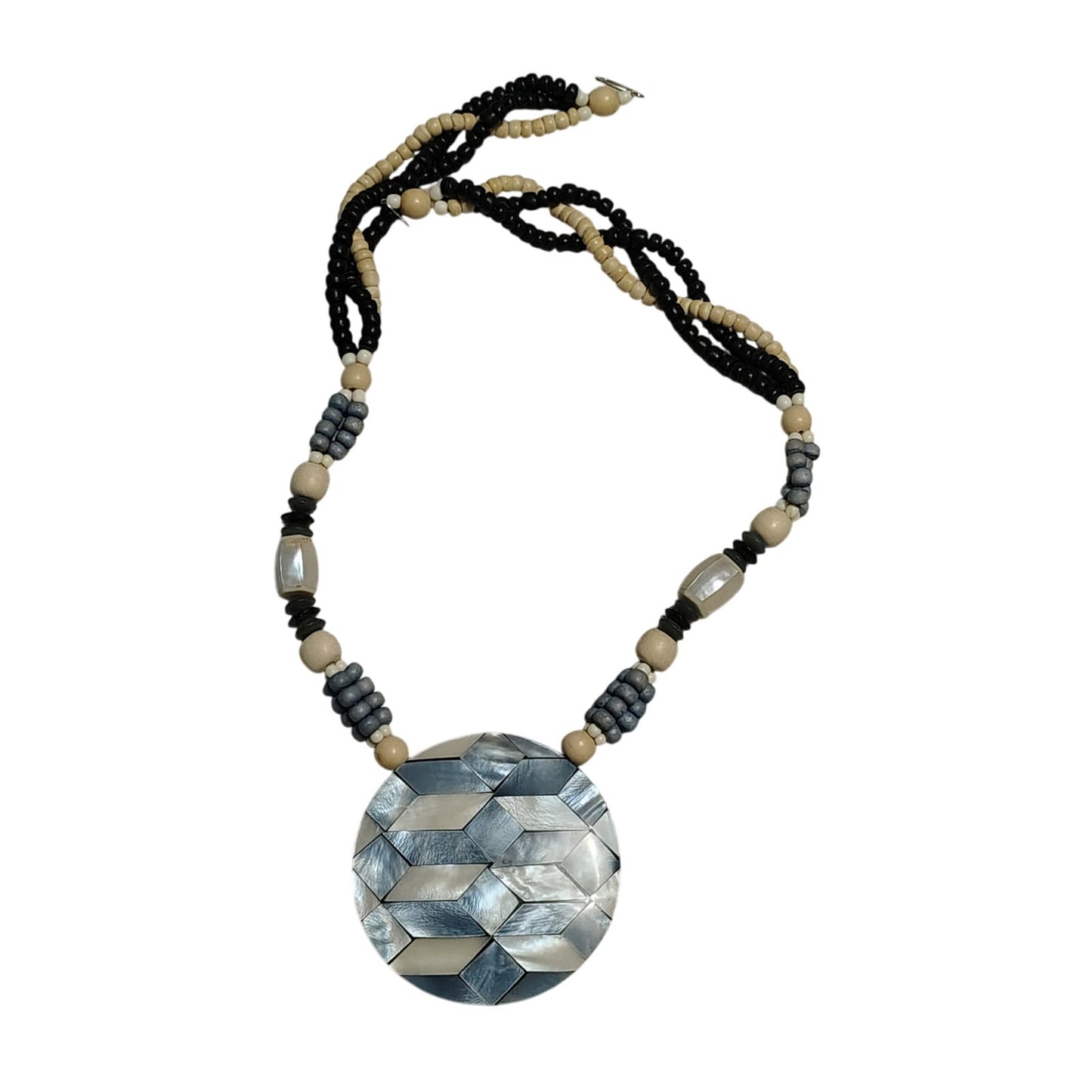 Vintage Blue Beige Mother of Pearl Pendant on Beaded Statement Necklace