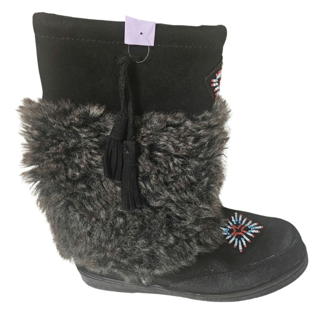 Minnetonka Mukluk Bead Detail Black Genuine Suede Leather Faux Fur Size 7 Womens