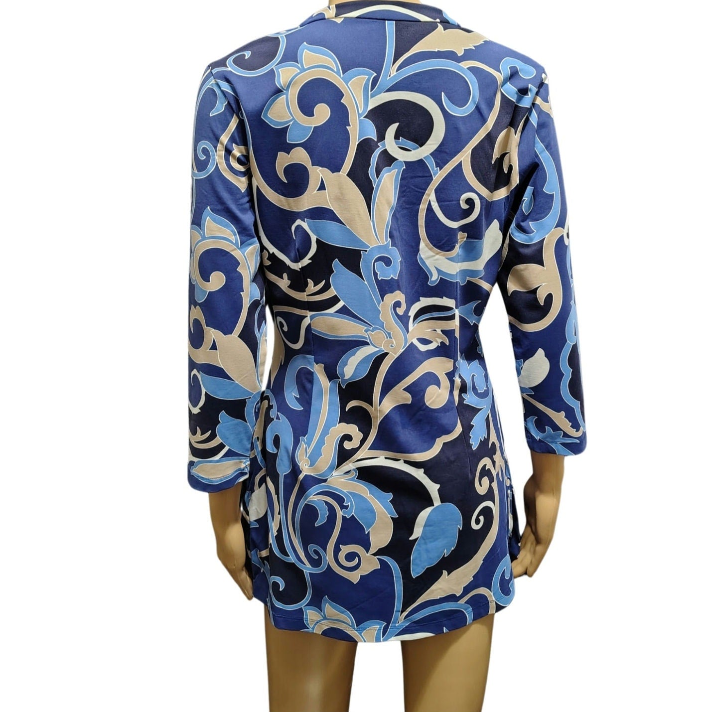 J. McLaughlin Blue Paisley 3/4 Sleeve Tunic Top Catalina Cloth V-Neck Size Small