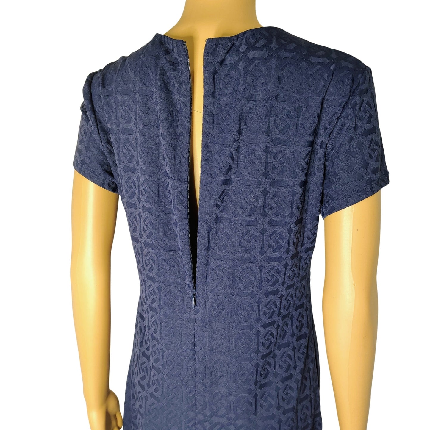 J. McLaughlin Swing Dress in Knot Print Jacquard Short Sleeve Navy Blue Size Small