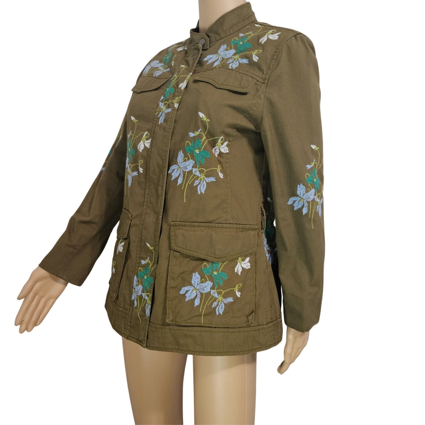 Olive Embroidered Floral Belted Zip Up Utility Standing Collar Jacket Size Medium