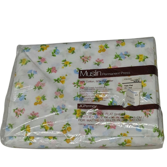 Floral White Muslin Permanent Press Twin Size Flat Sheet New Vintage JC Penney