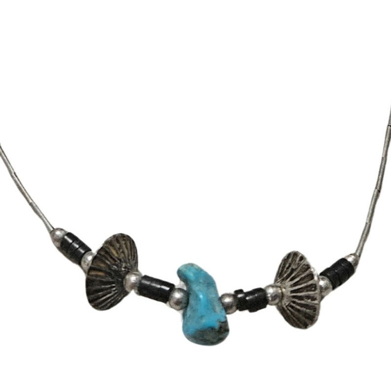 1970s Sterling Silver Liquid Beads Turquoise Black Stone Necklace
