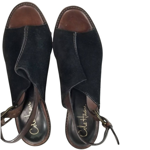 Open Toe Mule Wood Platform Nike Air Cole Haan Collab Black Suede Heels Size 10