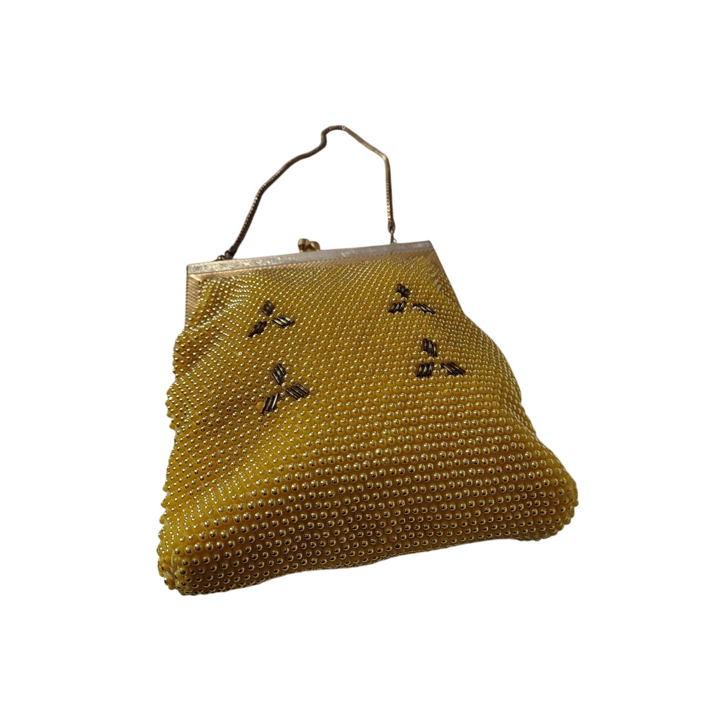 Vintage Yellow & Gold Tone Bubble Beaded Chain Handle Rectangle Evening Hand Bag