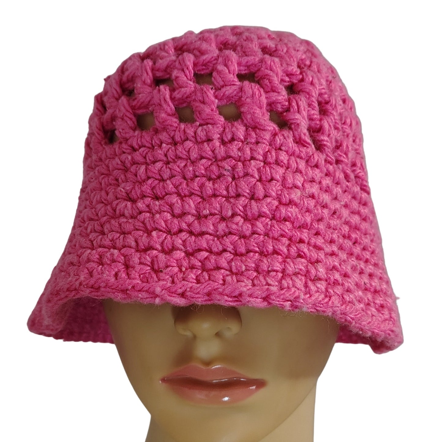 Vintage Pink Crochet Knit Bucket Hat Wide Brim Size Small