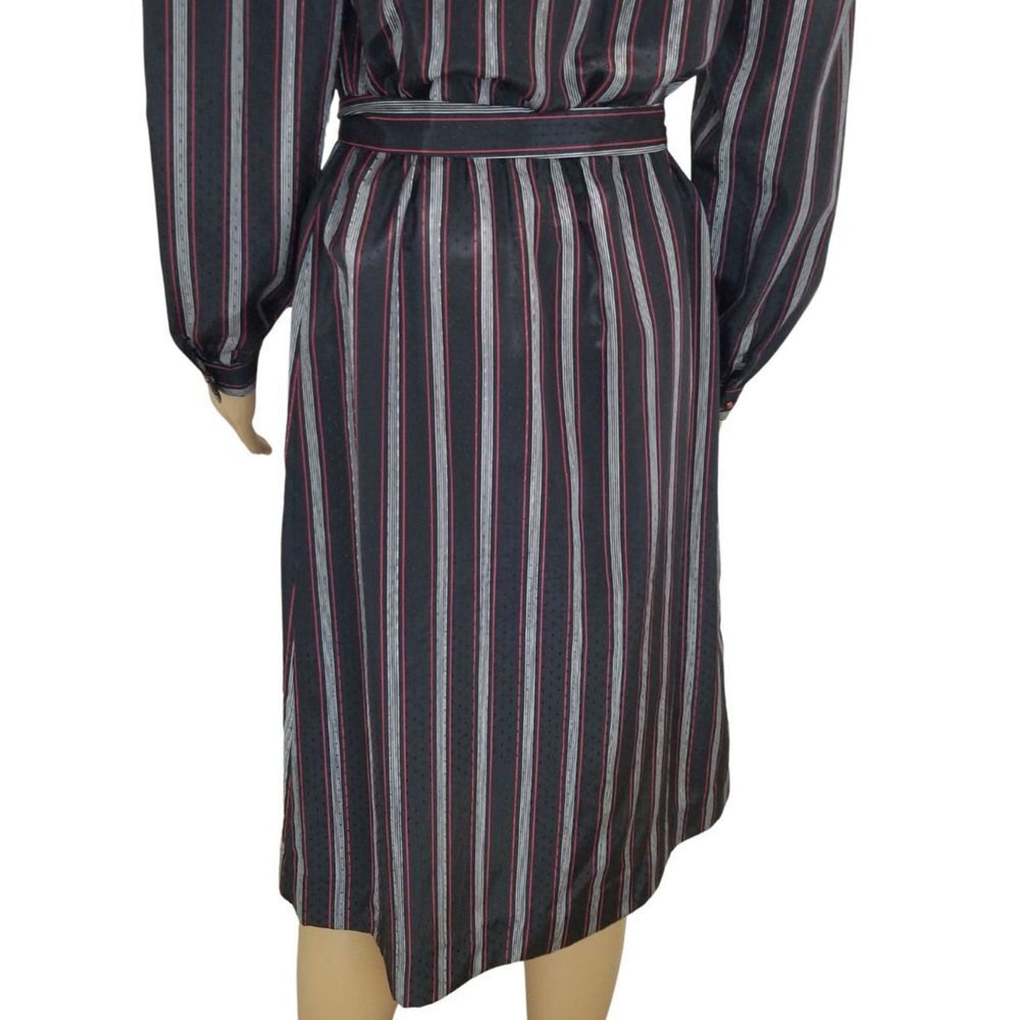 1980s Striped Metallic Long Sleeve Midi Dress Button Up Belted Vintage Size 7/8